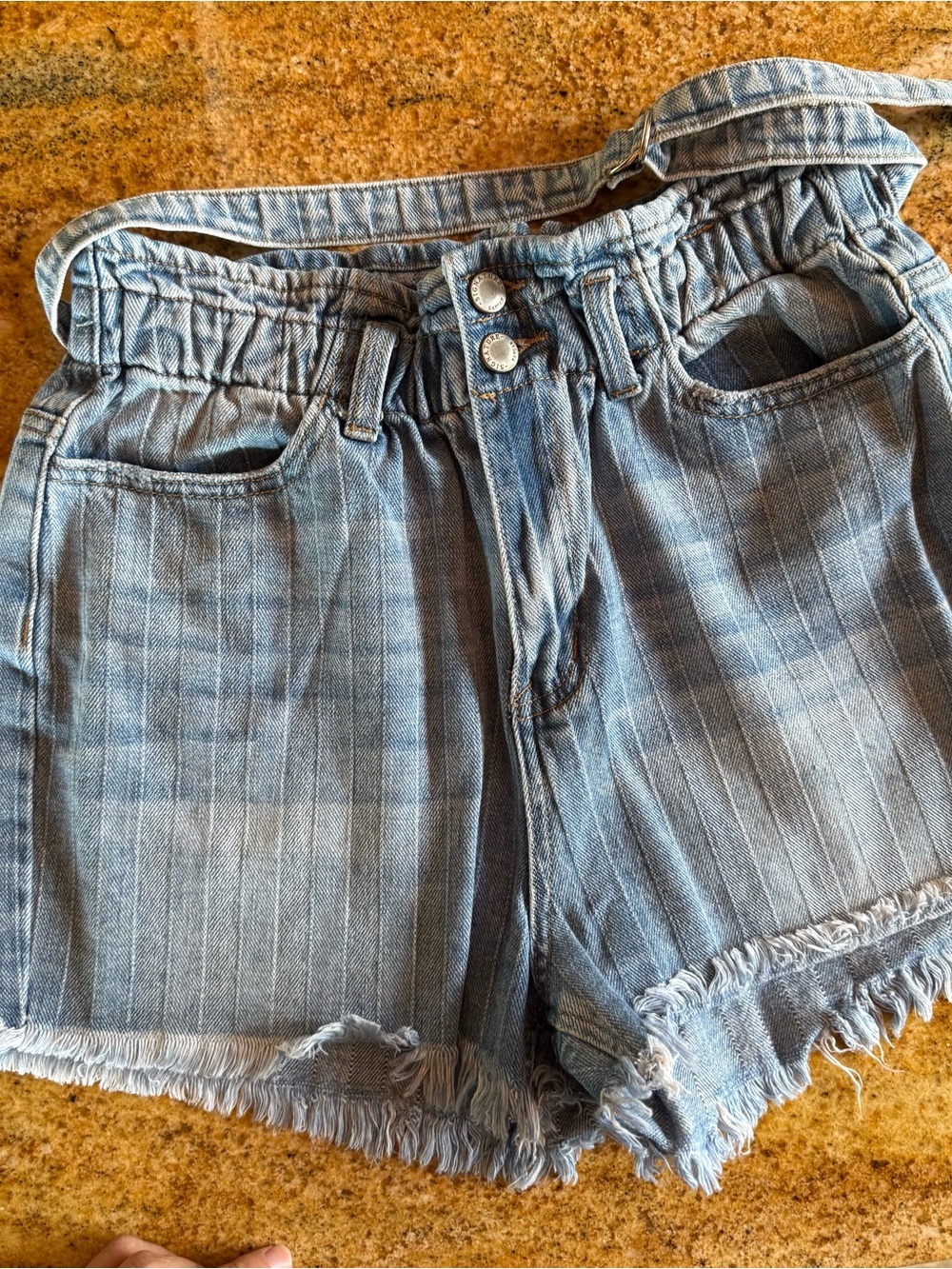 KanCan Light Blue Washed Denim Paperbag Shorts with belt